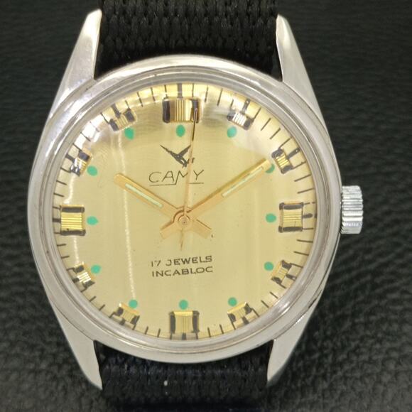 Vintage 1973 Camy Manual Mens Silver Watch W/Nato Strap & Gold accents - Picture 4 of 9